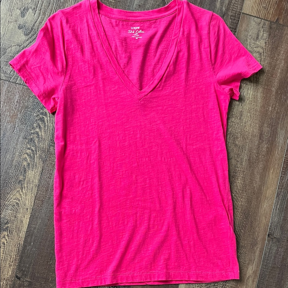 JCrew Hot Pink V-neck Slub Cotton Tee, M